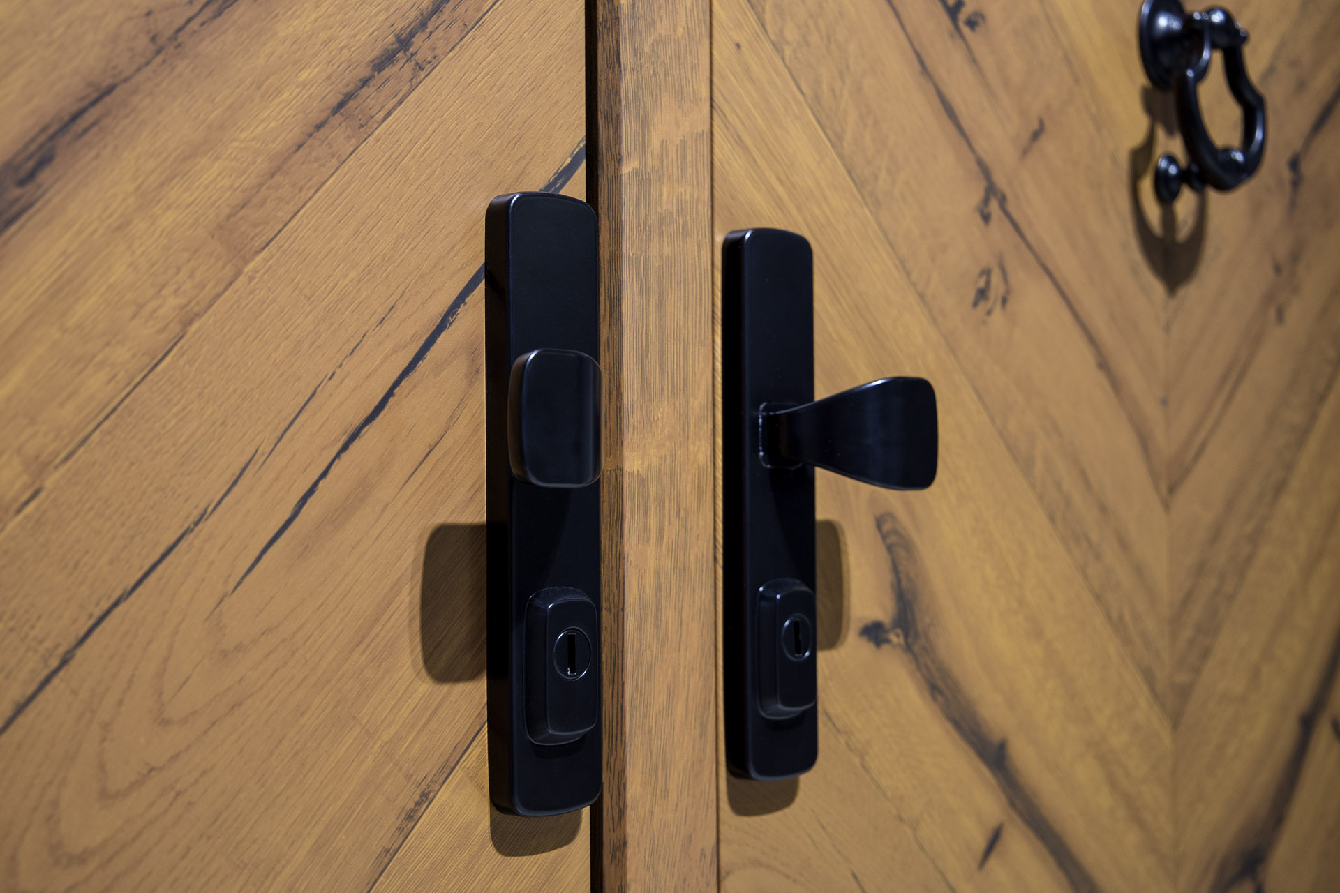 Poignée noire traditionnelle sur une porte d’entrée décor bois