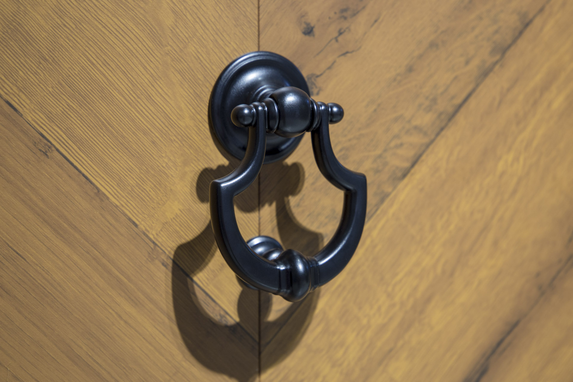 Heurtoir noir sur une porte d’entrée décor bois