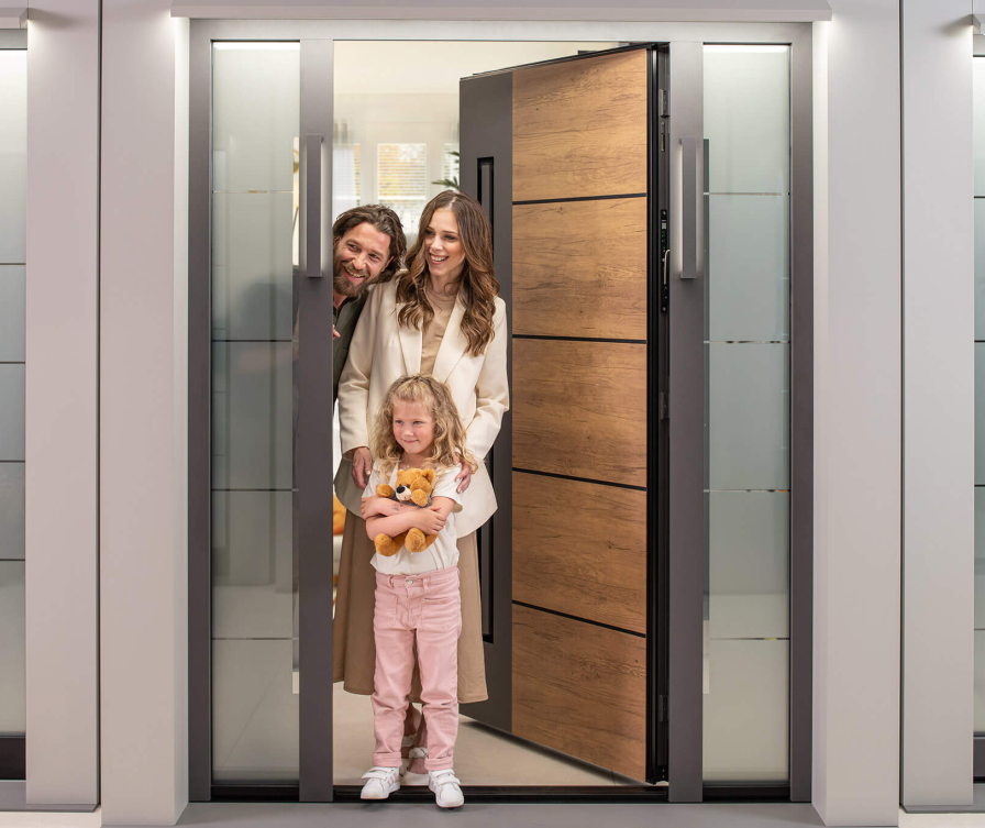 Eine Familie kauft eine neue Haustür