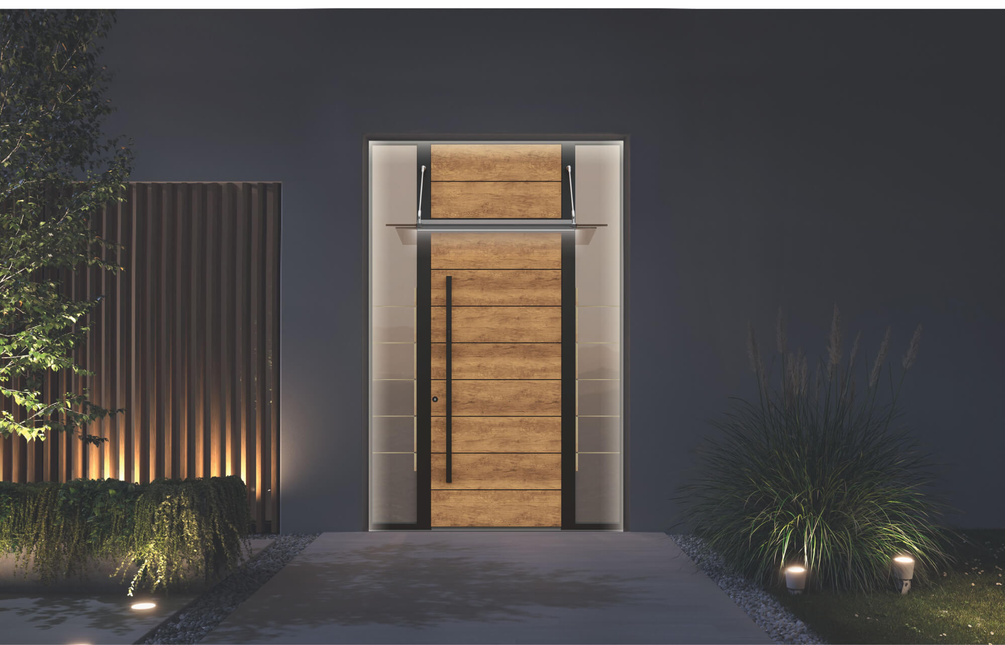 porte d'entrée moderne en aluminium avec éclairage et auvent en verre intégré