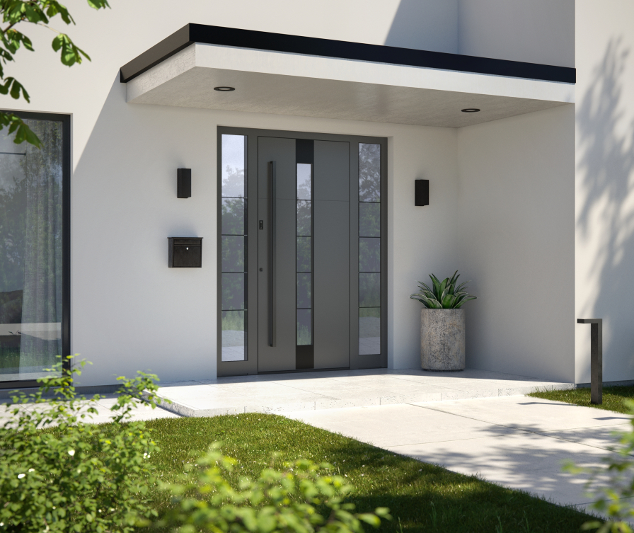 Porte d'entrée gris anthracite avec panneaux latéraux gauche et droit.