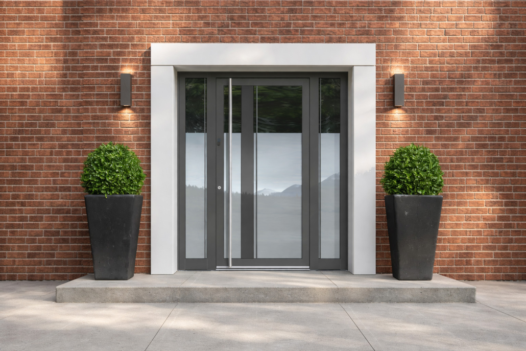 Porte d’entrée vitrée pour immeuble collectif sur façade en briques