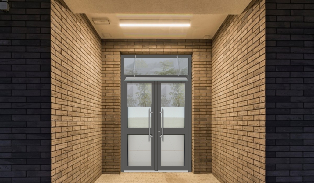 Porte d’entrée vitrée à deux vantaux sur façade en briques brunâtres