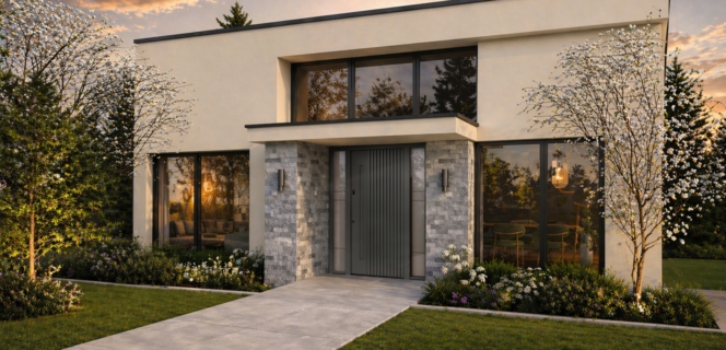 Maison moderne avec façade claire, grandes fenêtres et porte d’entrée grise contemporaine