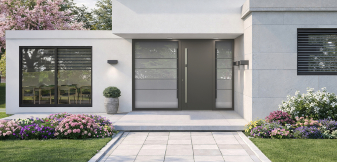 Maison moderne avec façade blanche, grandes fenêtres grises et porte d'entrée grise minimaliste avec partie latérale vitrée