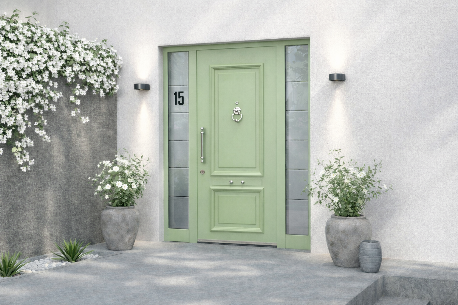 Grüne Landhaus-Haustür mit Türklopfer, rustikalem Griff, verglastem Seitenteil und Hausnummer
