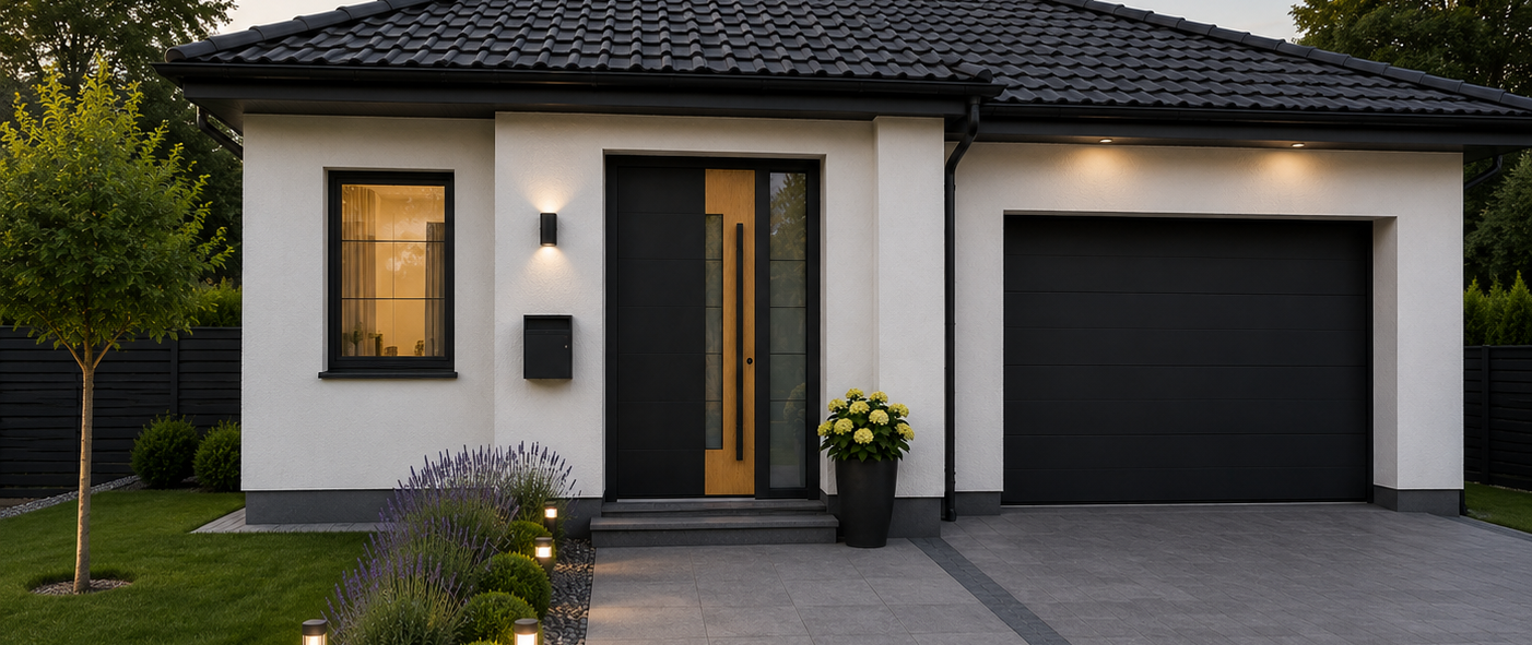 Porte d'entrée en aluminium noire avec finition effet bois sur une maison contemporaine