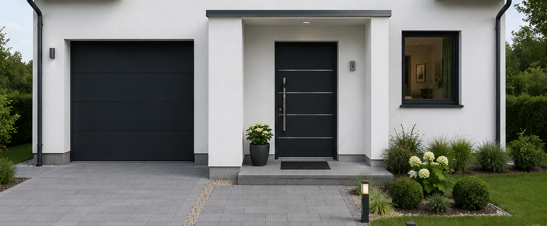 Façade de maison avec fenêtre, porte de garage et porte d'entrée noire minimaliste avec de fins inserts en acier inoxydable