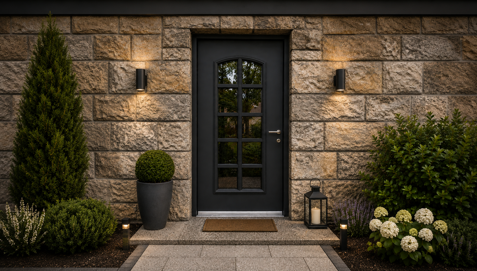 Maison traditionnelle avec façade en pierre et porte d'entrée noire de style classique avec vitrage
