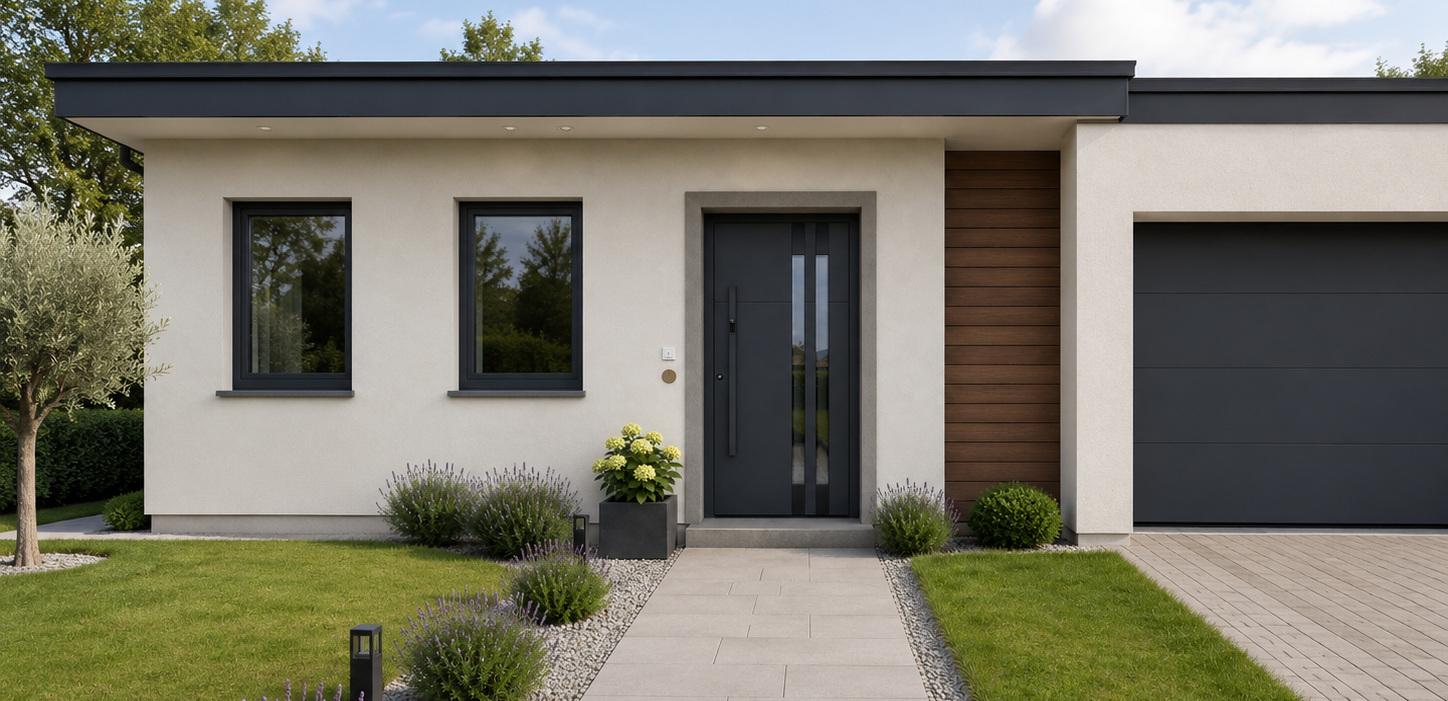 Maison moderne et minimaliste avec fenêtres en aluminium noires et porte d'entrée noire épurée avec deux inserts vitrésvložkoma