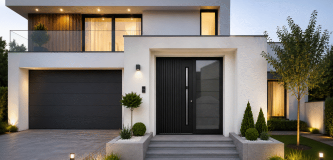 Maison contemporaine avec fenêtres noires, porte de garage et porte d'entrée en aluminium ornée de rainures décoratives, d'une poignée avec système d'ouverture intelligent et de parties latérales vitrées