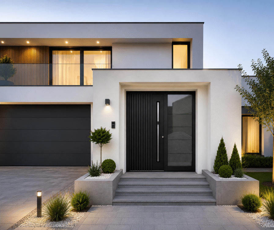Maison contemporaine avec fenêtres noires, porte de garage et porte d'entrée en aluminium ornée de rainures décoratives, d'une poignée avec système d'ouverture intelligent et de parties latérales vitrées