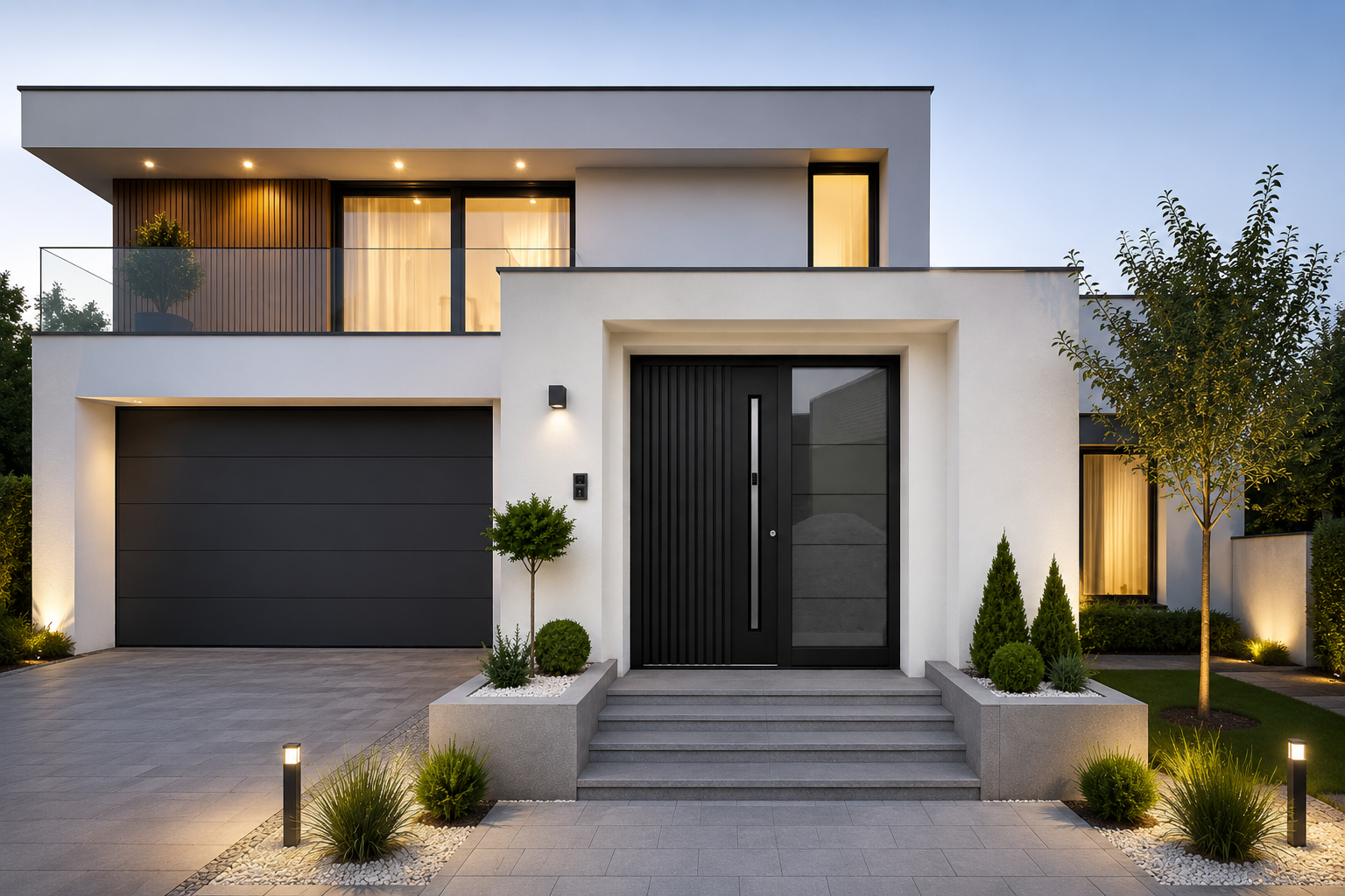 Maison contemporaine avec fenêtres noires, porte de garage et porte d'entrée en aluminium ornée de rainures décoratives, d'une poignée avec système d'ouverture intelligent et de parties latérales vitrées
