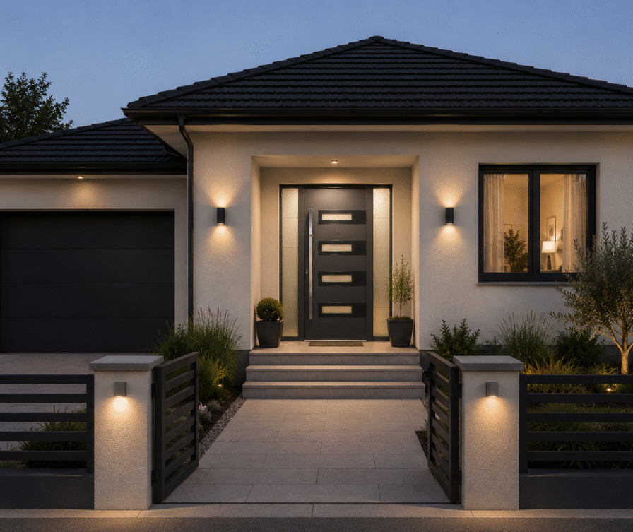 Maison classique avec toit gris, fenêtres grises et porte d’entrée anthracite avec vitrage
