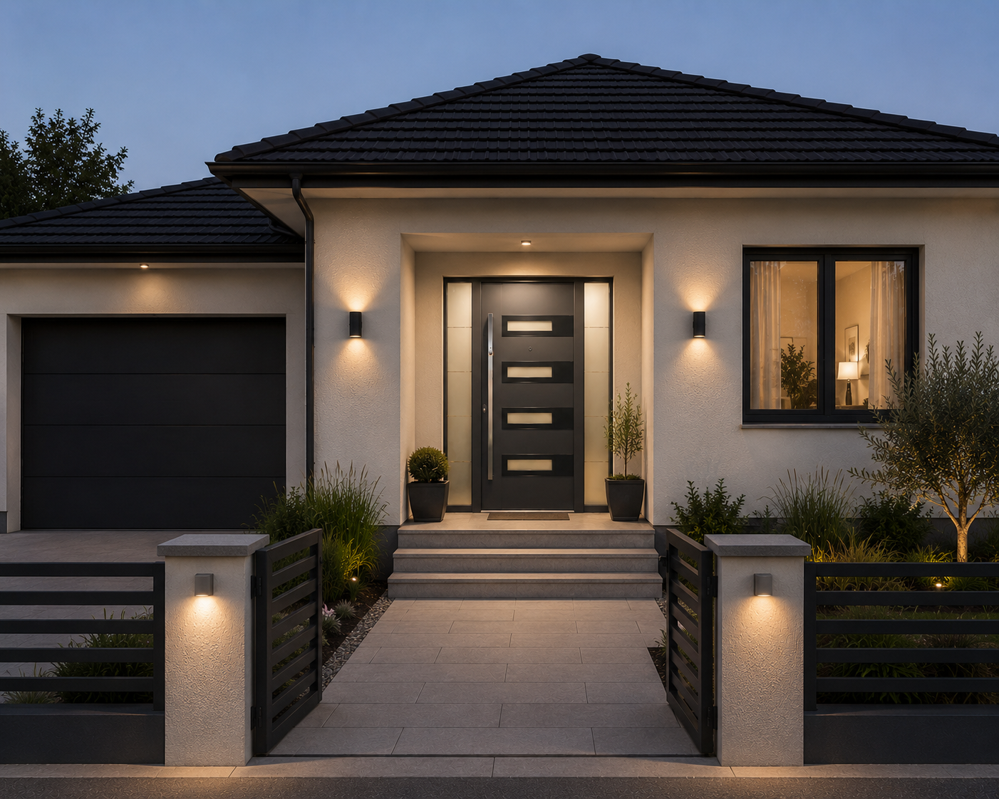 Maison classique avec toit gris, fenêtres grises et porte d’entrée anthracite avec vitrage