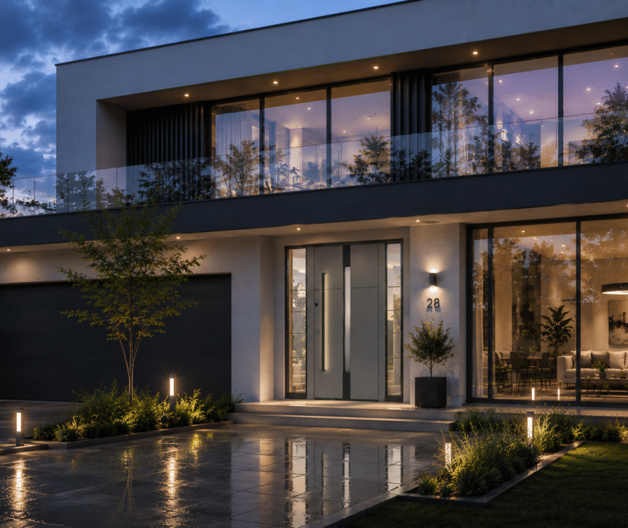 Maison moderne à toit plat avec grand balcon en verre, grandes baies vitrées et porte d’entrée anthracite minimaliste