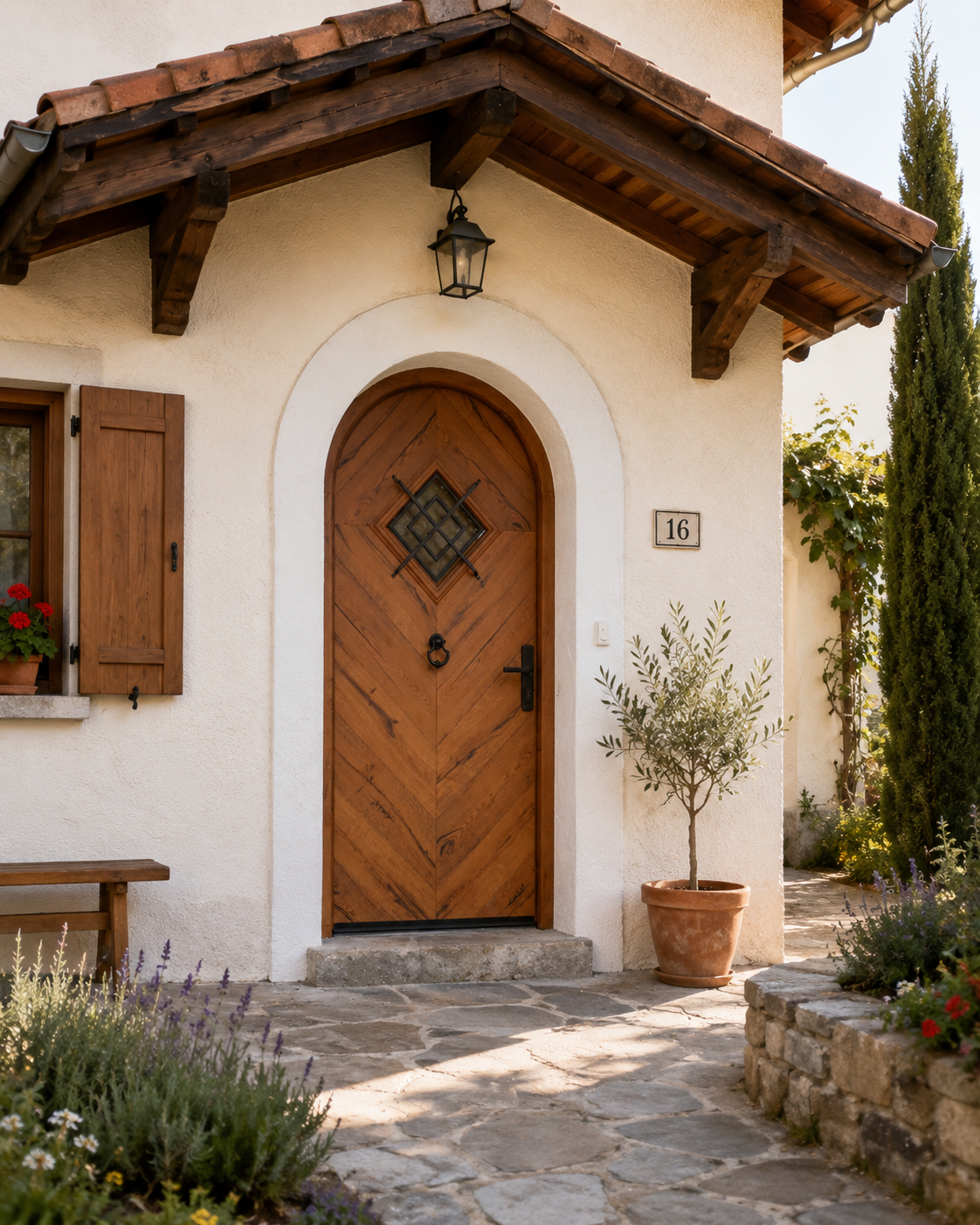Porte d’entrée rustique rétro avec décor bois, heurtoir, poignée noire et vitrage avec cadre métallique pour maison de campagne
