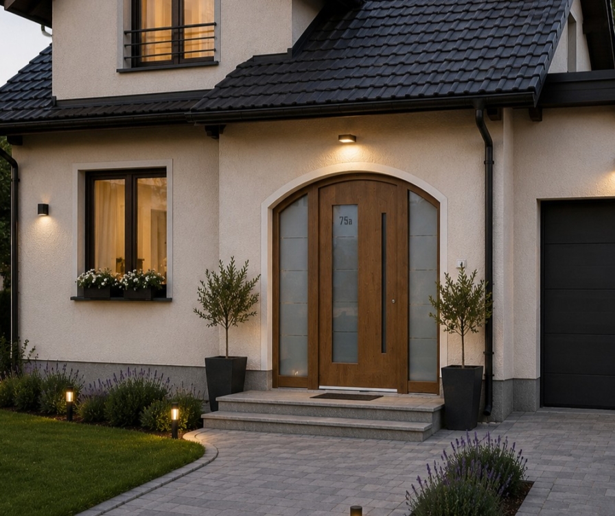 Maison traditionnelle avec porte d’entrée cintrée et imposte latérale cintrée