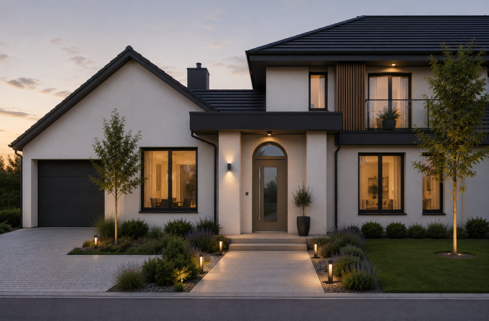 Maison moderne avec porte d’entrée traditionnelle cintrée