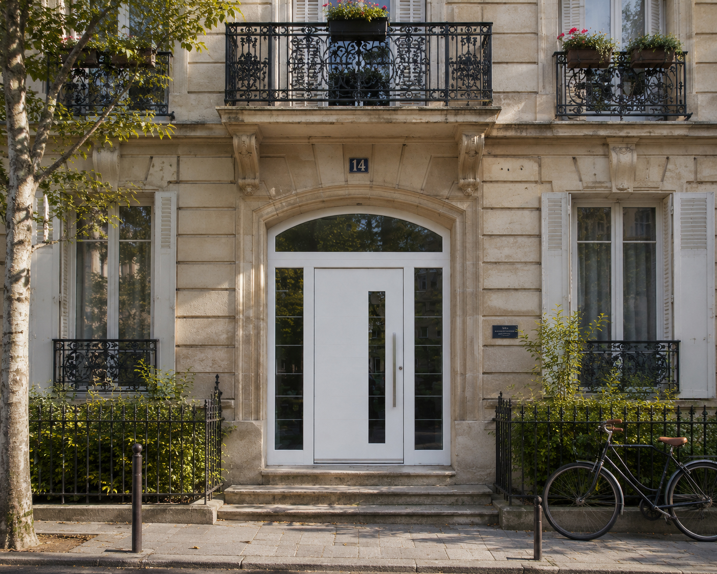 Bâtiment ancien rustique avec porte d’entrée blanche cintrée, imposte latérale et imposte supérieure