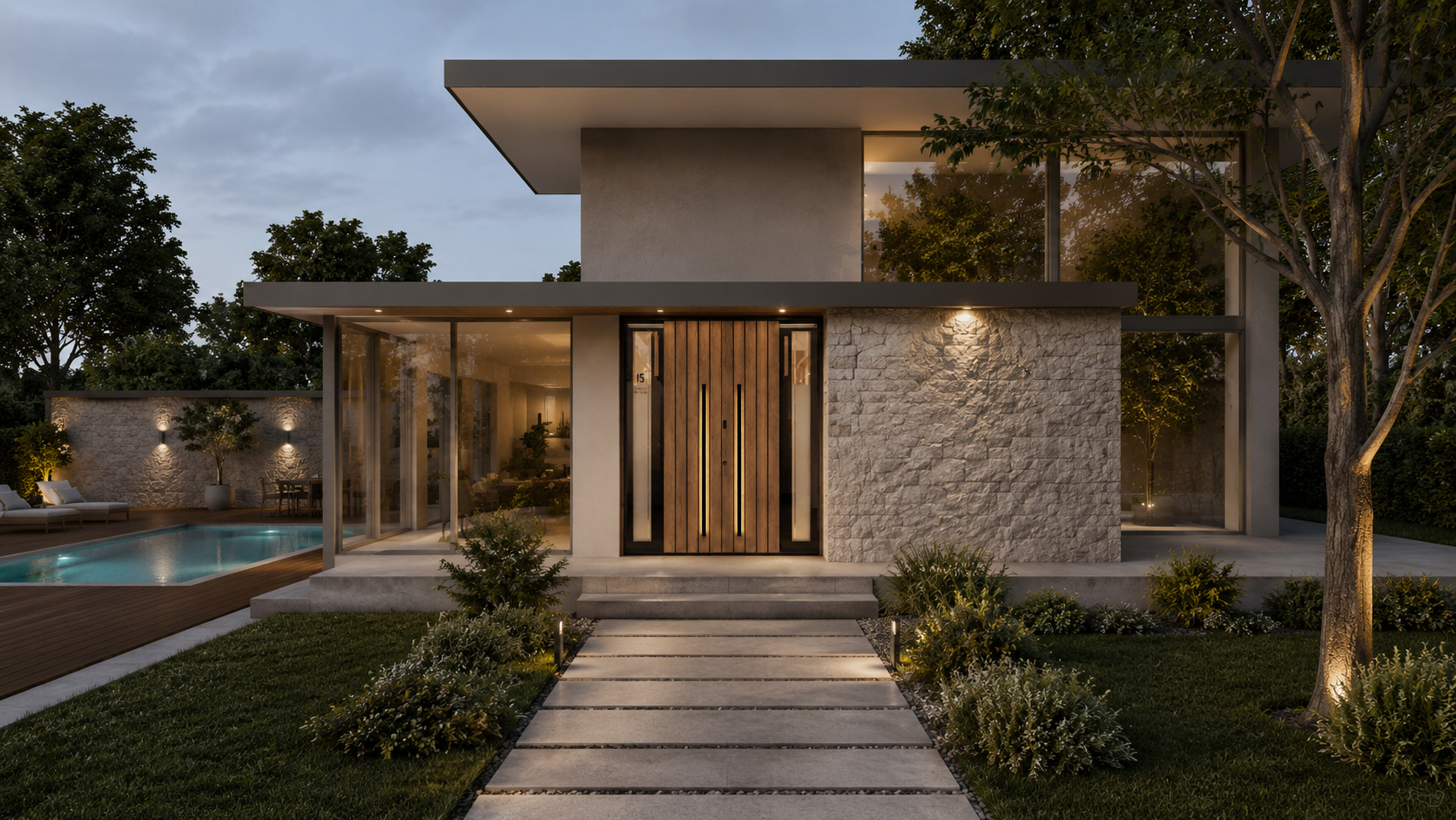 Maison moderne avec toit plat, grandes fenêtres et porte d'entrée moderne aspect bois